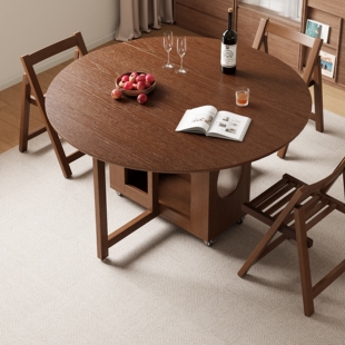 实木餐桌圆形储物可折叠餐桌椅组合中古风饭桌子小户型家用饭桌吃