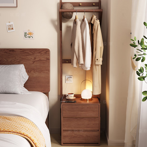 实木床头柜衣帽架一体小型卧室