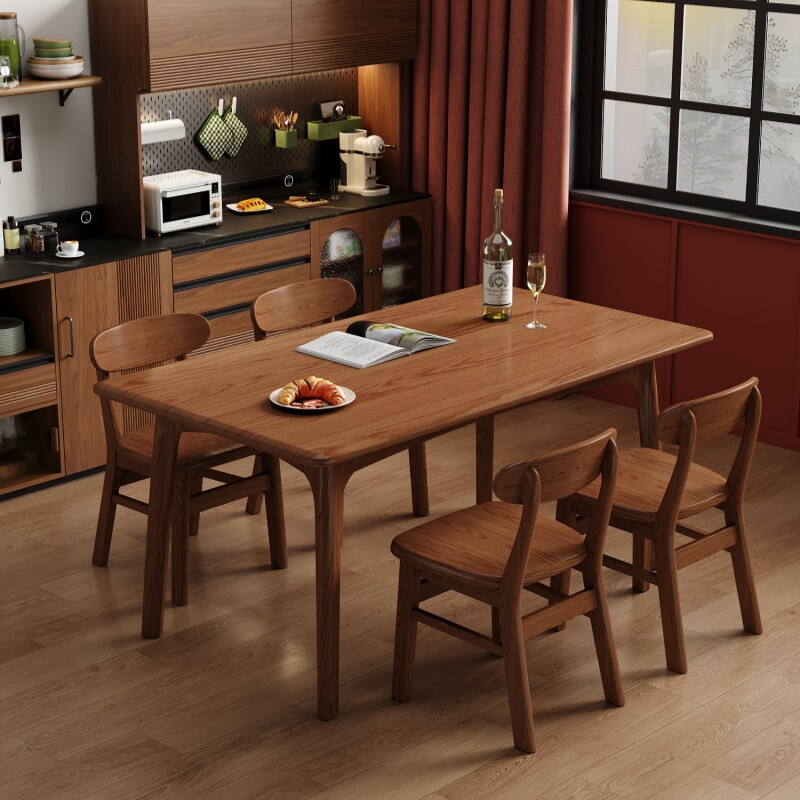 实木餐桌椅组合新中式家用小户型长方形饭桌中古风胡桃木色餐桌