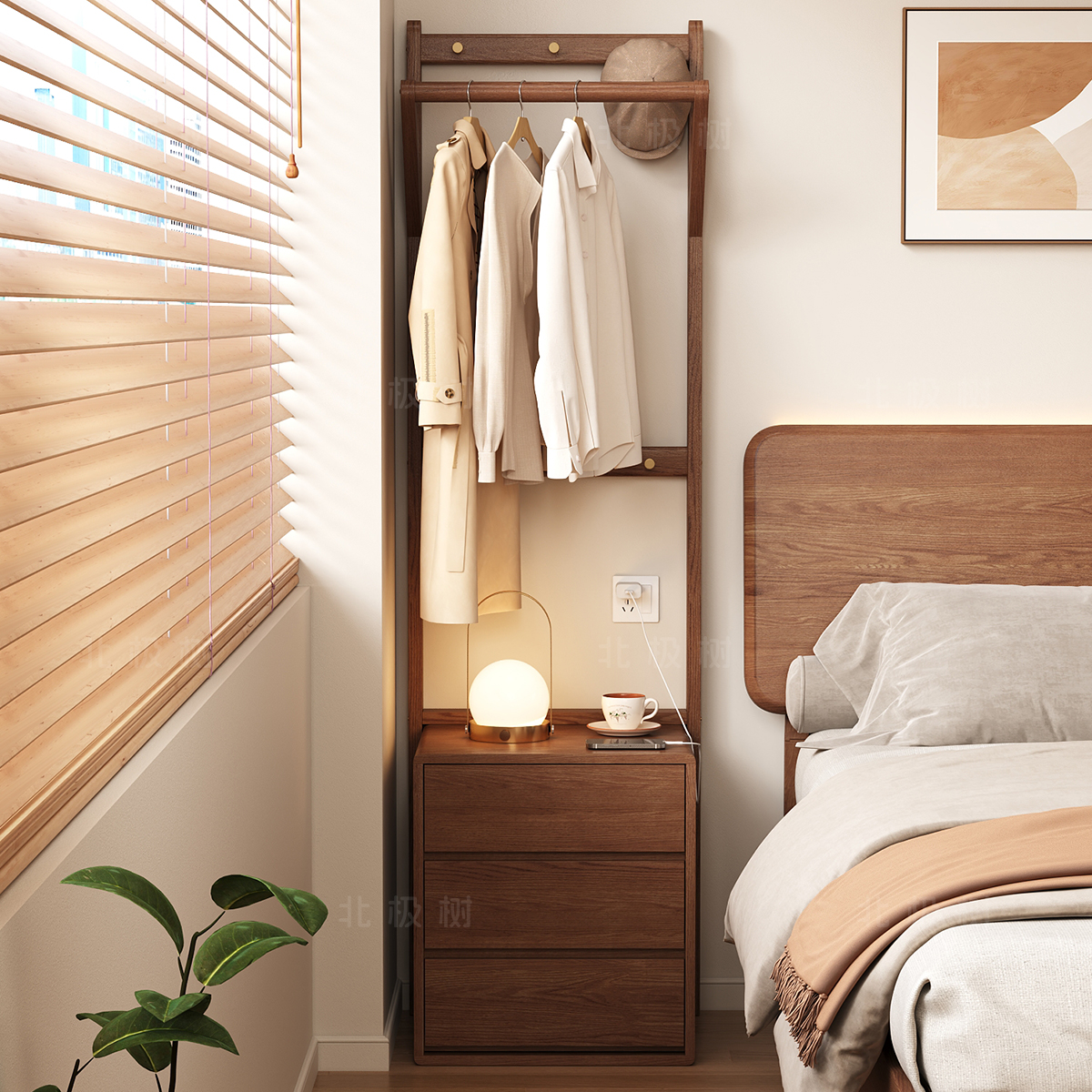 实木衣帽架落地卧室床头柜挂衣架一体家用收纳架置物架挂衣服架子