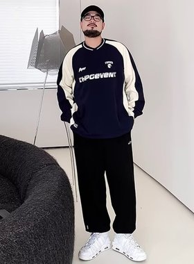 PANG哥 潮牌大码男装宽松秋胖子潮流拼接圆领卫衣男加绒加肥加大