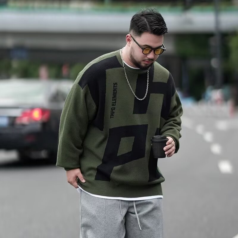 PANG哥 潮牌大码男装2025冬胖子宽松套头百搭毛衣男圆领针织衫