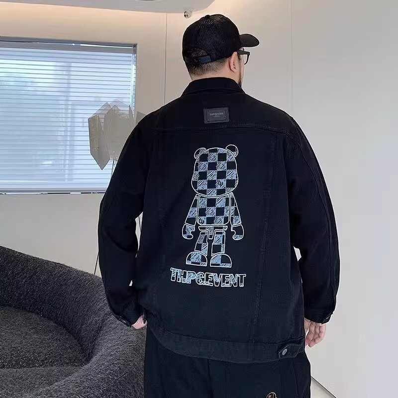 PANG哥 潮牌大码男装胖子冬季宽松格子小熊图案外套牛仔上衣潮