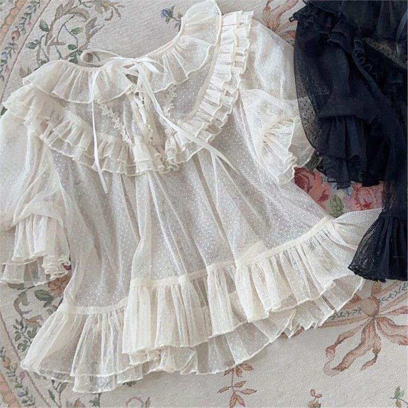 Lolita短袖衬衫日系甜美可爱打底衬衫蕾丝网纱衬衫夏季轻薄洛丽塔