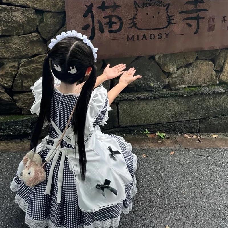 爆款2026新黑粉格cos女仆裙软妹Lolita制服纯欲风泡泡袖围裙套装