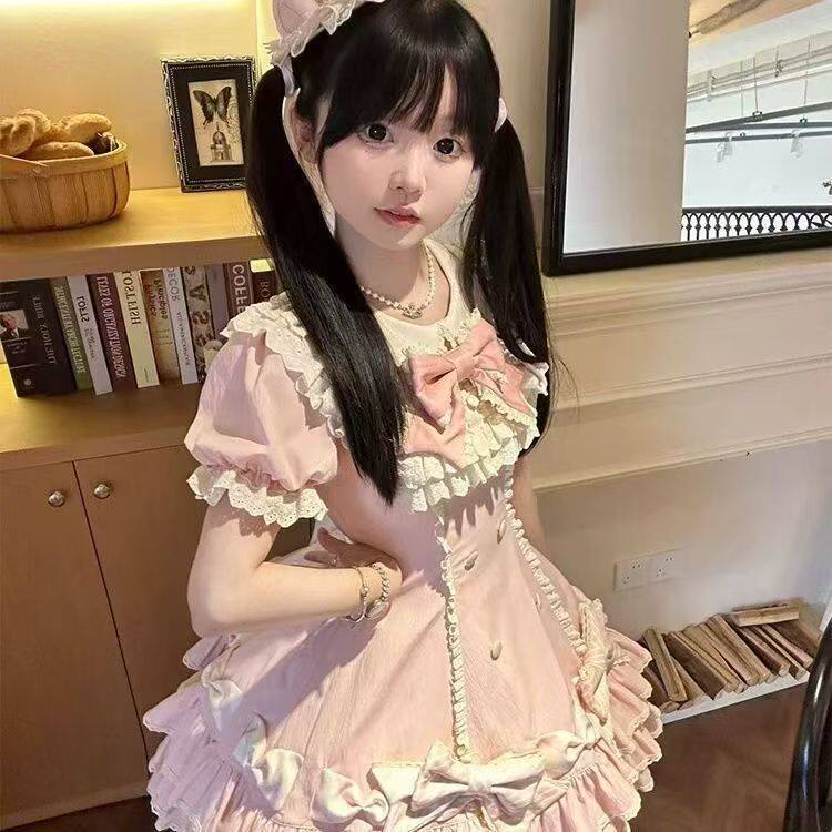 条纹千层Lolita黑粉短袖OP蛋糕裙可爱古早春夏蝴蝶甜美公主洛丽塔