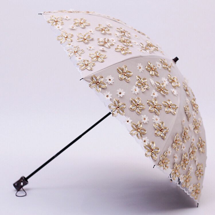 高档二折黑胶遮阳伞防晒防紫外线蕾丝刺绣花公主太阳伞晴雨两用女