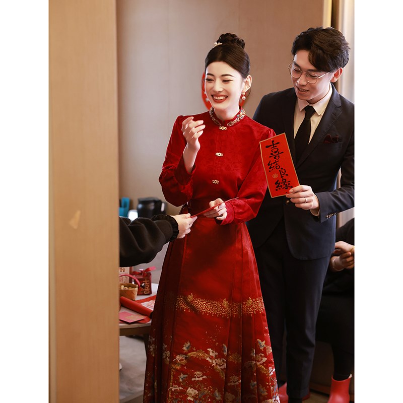 好货马面裙婚服套装敬酒服嫁衣订婚服新娘酒红色喜服新中式结婚礼