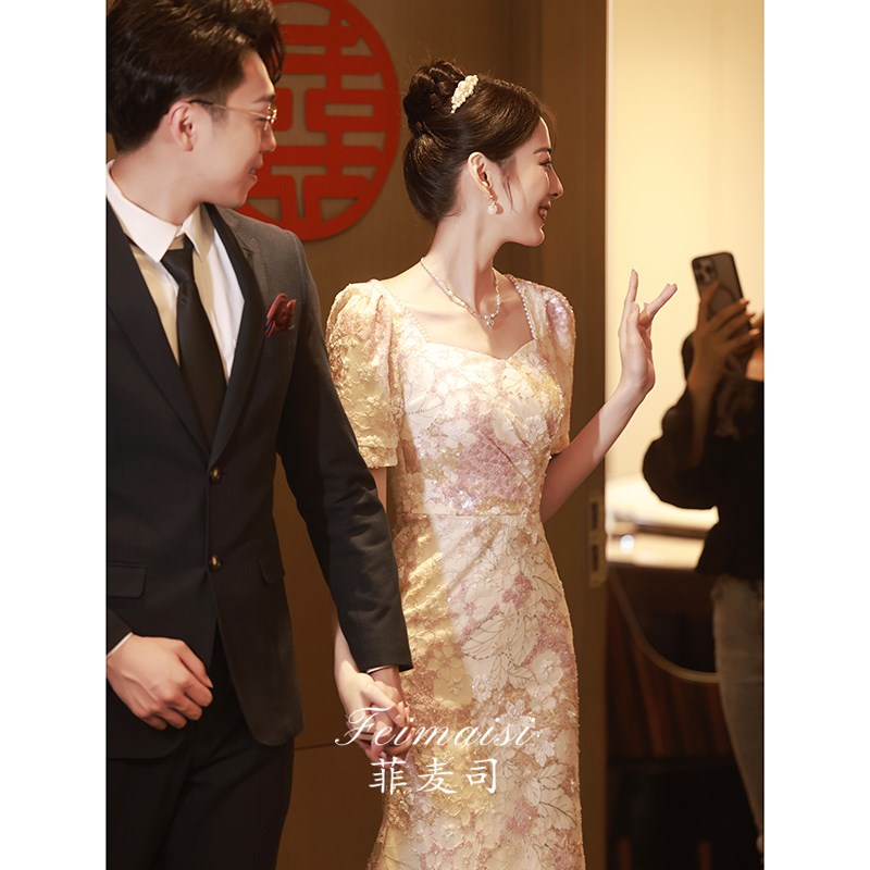 好货鱼尾裙订婚礼服平时可穿敬酒服2025新款生日小个子粉色亮片连