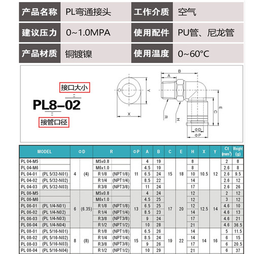好货气动快速接头PL6-01快插软管气管电磁阀气缸8-02螺纹直角弯头