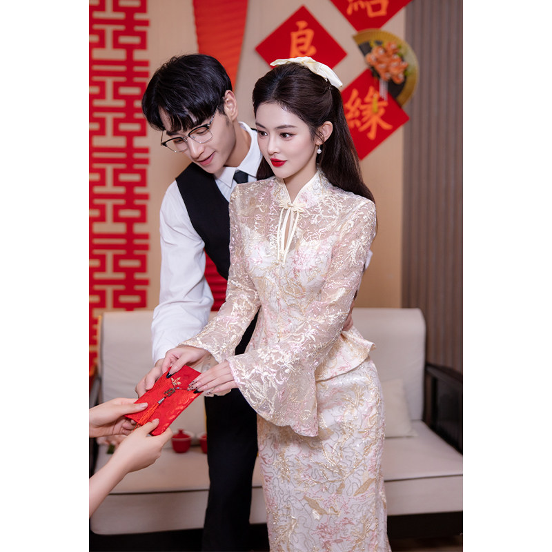 好货新中式改良旗袍套装长袖订婚轻礼服日常可穿晨袍答谢宴新娘敬
