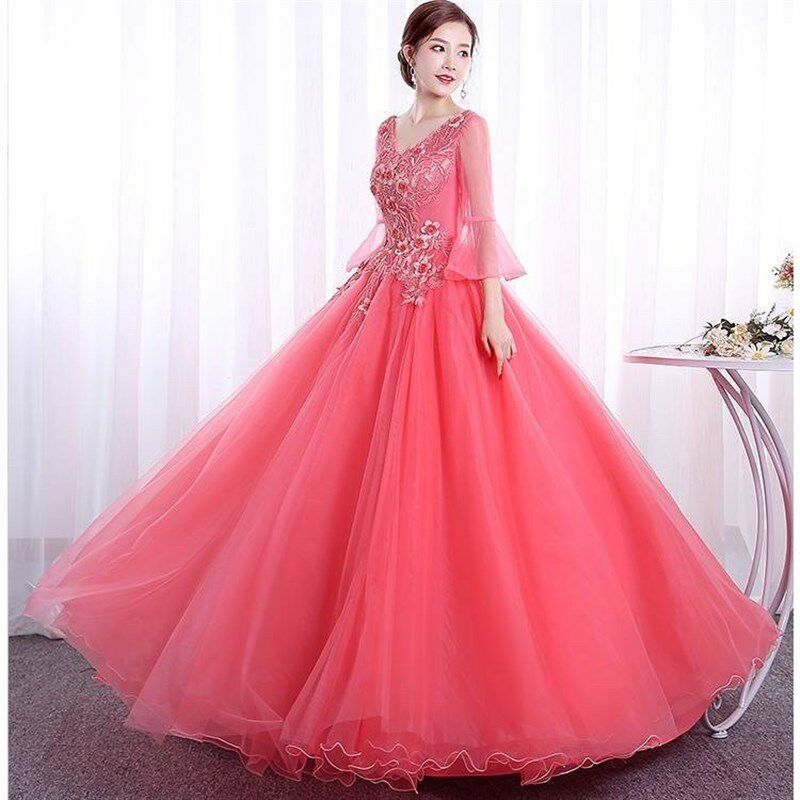 彩纱婚纱学生表演礼服优雅显瘦蓬蓬裙年会主持晚礼服长款演出服女