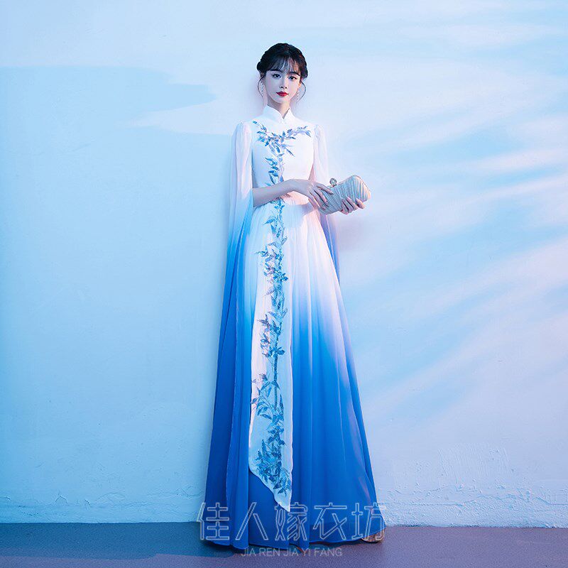 大合唱团演出服女长裙舞台声乐古筝礼服独唱演奏表演服装蓝色雪纺