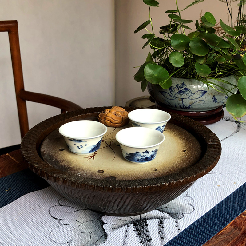 好货潮汕陶瓷功夫茶盘台干泡盘圆型荷花茶托储水式中式茶盘茶海荼