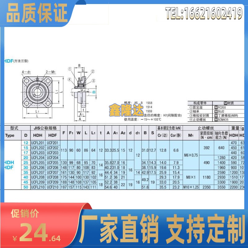 高品质滚珠轴承组件/轴承座HDF12 15 17 20 25 30 35 40 45