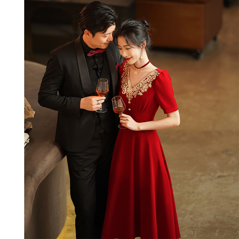 好货敬酒服新娘酒红色平时可穿订婚连衣裙长袖答谢宴结婚礼服回门