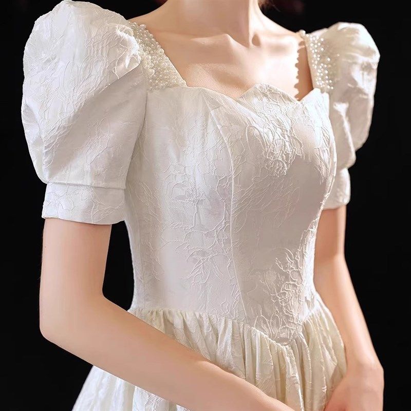 白色法式晚礼服复古宫廷风订婚结婚新娘敬酒服出门纱轻婚纱小个子