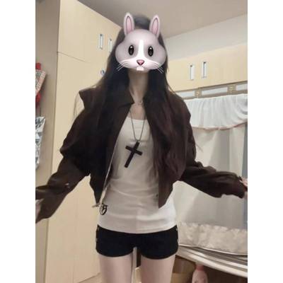 美拉德棕色短款外套女春秋季独特超好看又酷又飒的小个子夹克上衣