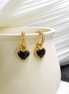 欧美ins复古黑色爱心耳钉女气质法式赫本风耳环C字耳环S925银针