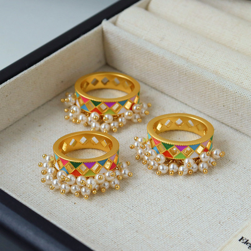 滴油棋盘格流苏小珍珠戒指指环