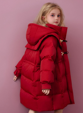 女童红色棉服冬季加棉加厚保暖棉衣外套本命年长款过膝中大童棉袄