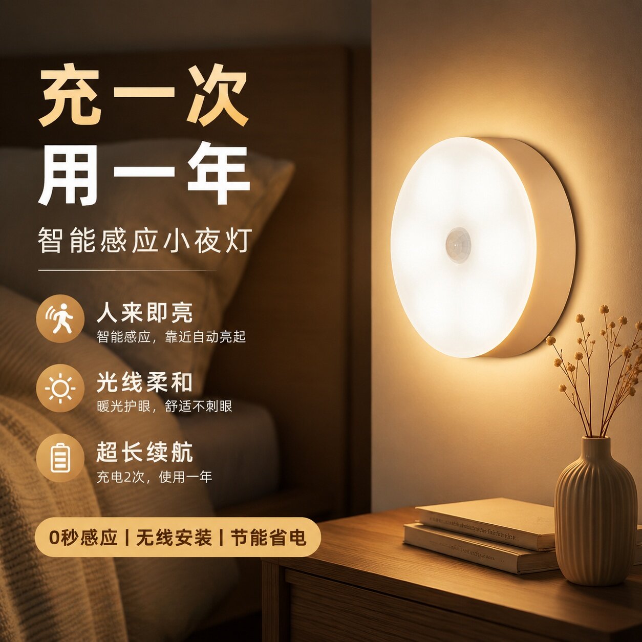 智能人体感应小夜灯人来即亮磁吸充电家用过道走廊卧室睡眠充电灯