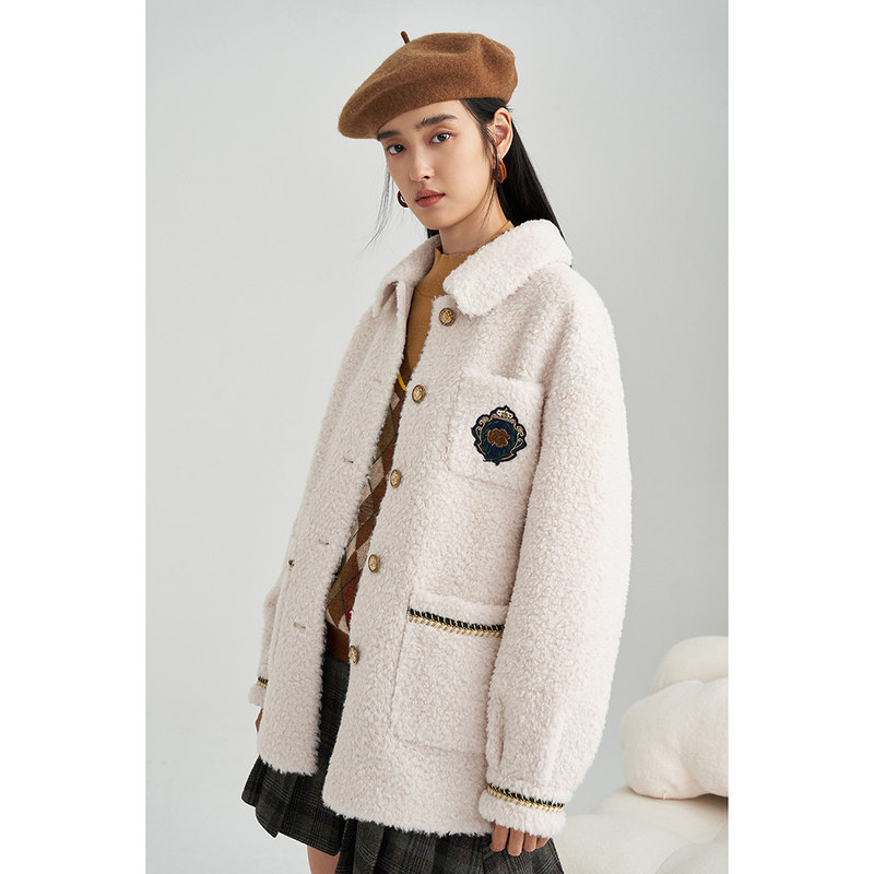 【商场同款】茵曼休闲女2021冬季新款印花翻领宽松羊羔绒短款外套