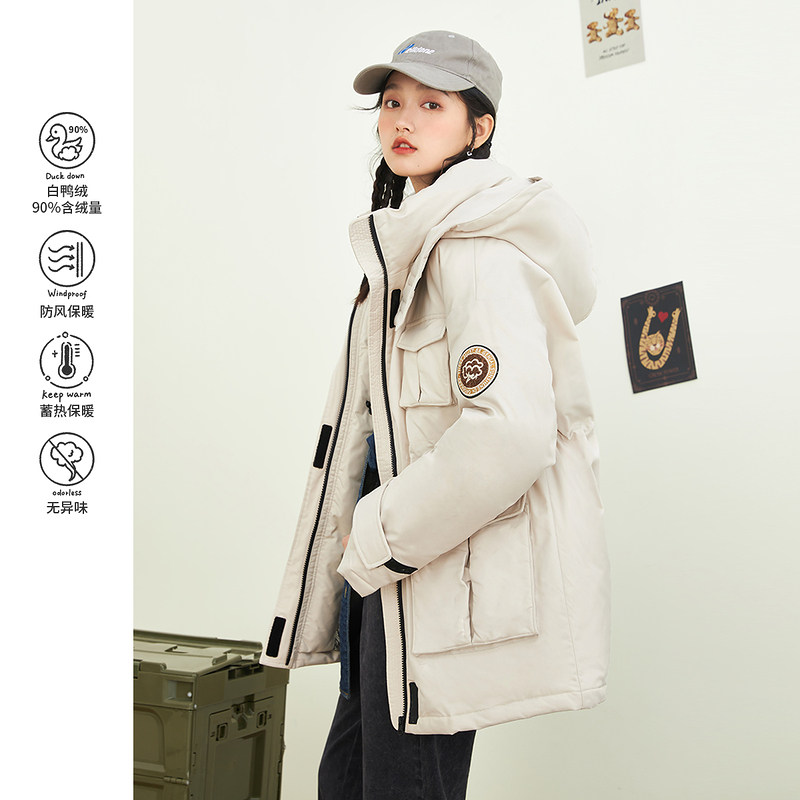 茵曼宽松防风衣冬季新款连帽宽松白鸭绒工装风羽绒服女