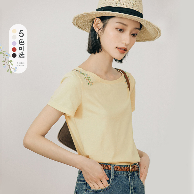 茵曼【新疆棉】圆领短袖t恤女夏小清新文艺小衫上衣清仓