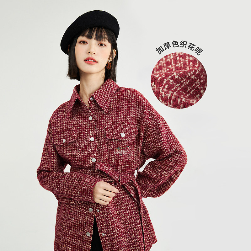 茵曼休闲女冬季新款格纹腰带修身宽松百搭印花舒适长袖衬衫新年红