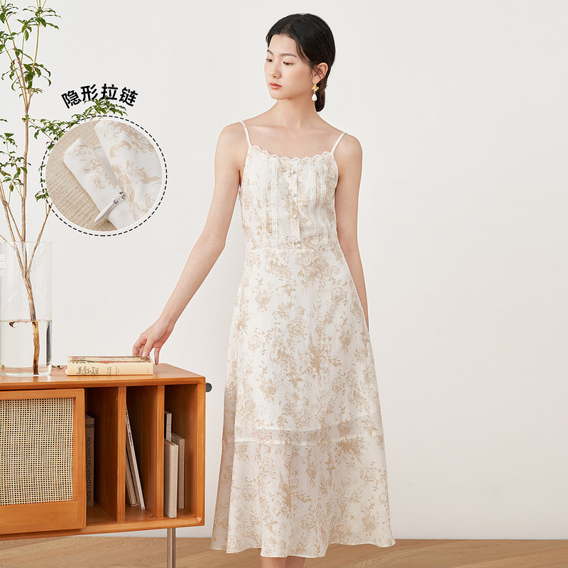 【商场同款】茵曼气质吊带连衣裙女2022春季新款印花清新花边裙子