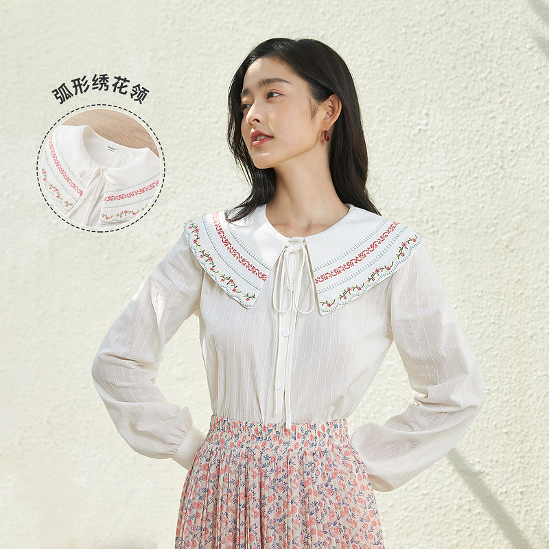 茵曼田园风衬衣2022春季新款娃娃大翻领绣花蝴蝶结宽松提花衬衫女
