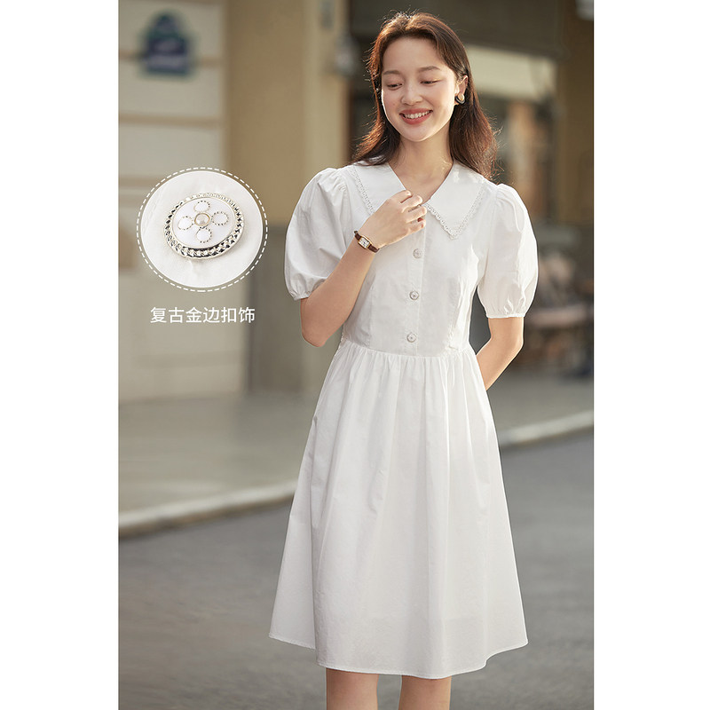 茵曼花边翻领连衣裙女2022夏季新款宽松泡泡袖修身气质a字伞裙子