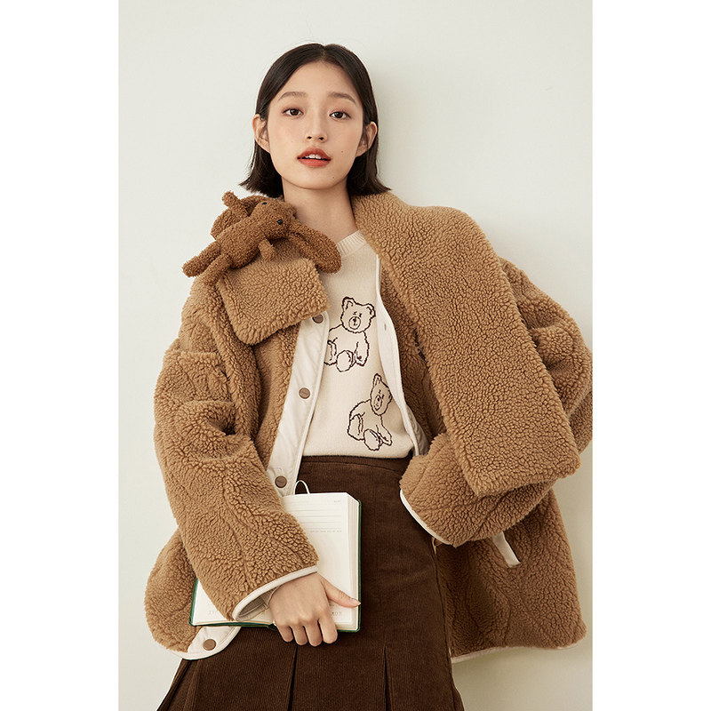 茵曼可爱女冬季可拆卸小兔围脖宽松休闲甜美拼接保暖外套