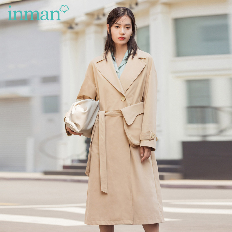 【商场同款】茵曼春装新款文艺复古翻领腰间系带长袖风衣外套女