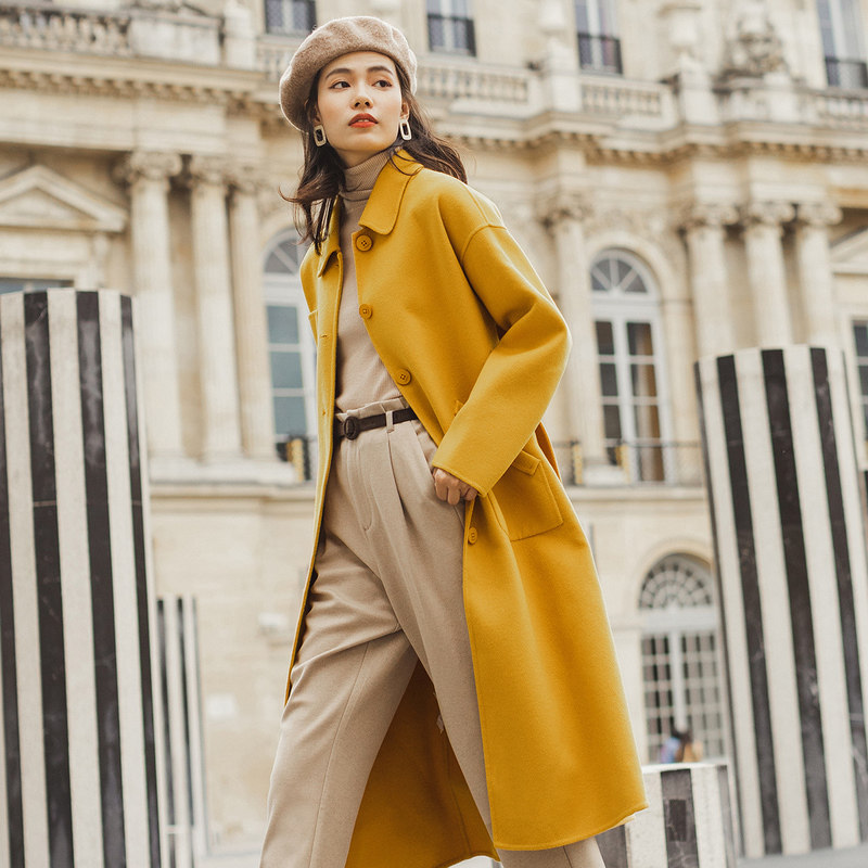 茵曼冬装新款文艺收腰显瘦羊毛呢排扣翻领大衣长款外套女