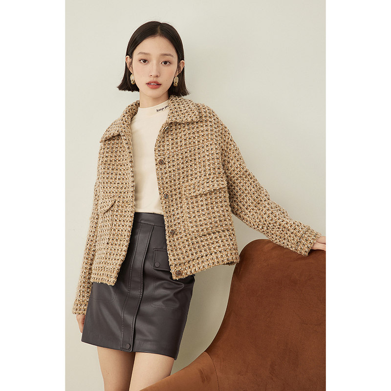 茵曼短款毛呢外套女休闲2021年冬新款甜美宽松百搭复古夹克