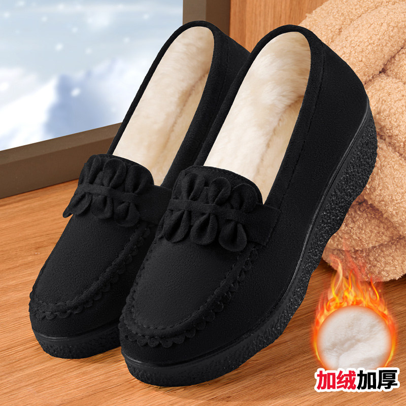 老北京布鞋女秋冬加绒加厚一脚蹬工作鞋平底妈妈黑色上班豆豆棉鞋,女鞋,传统布鞋,淘宝优惠券,粉丝福利购,淘宝优惠卷