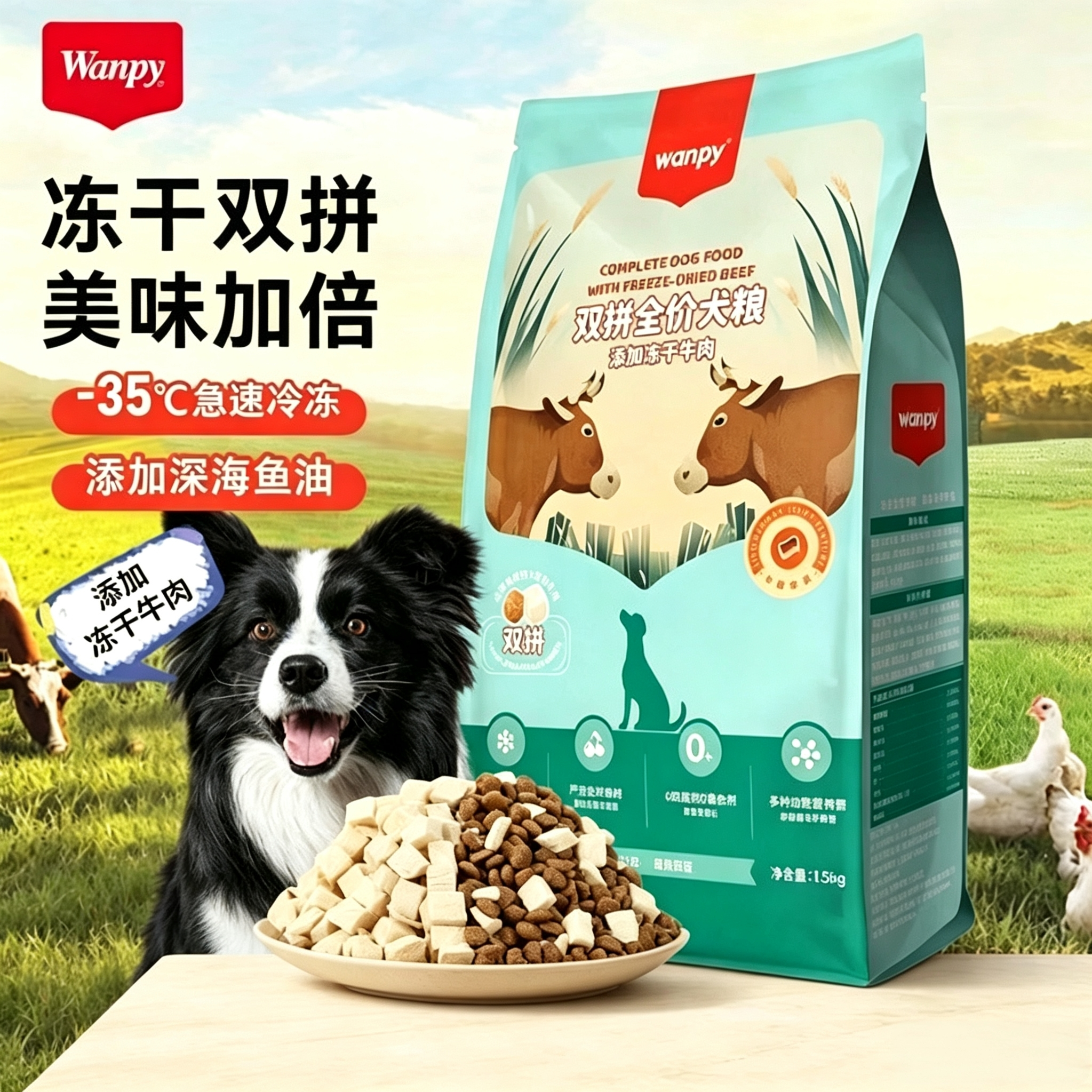 Wanpy顽皮狗粮1.5kg双拼鸡肉牛肉全价冻干成犬幼犬金毛泰迪通用粮