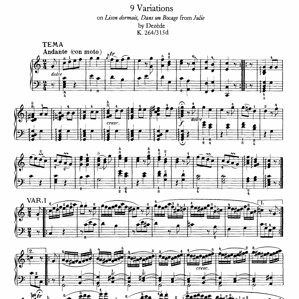 莫扎特变奏曲 法国童谣主题 K.264 五线谱钢琴曲乐谱乐曲曲谱10页
