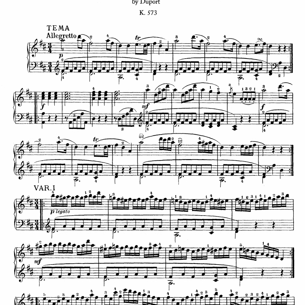莫扎特变奏曲《杜波尔特小步舞曲》KV.573钢琴曲乐谱乐曲曲谱8页