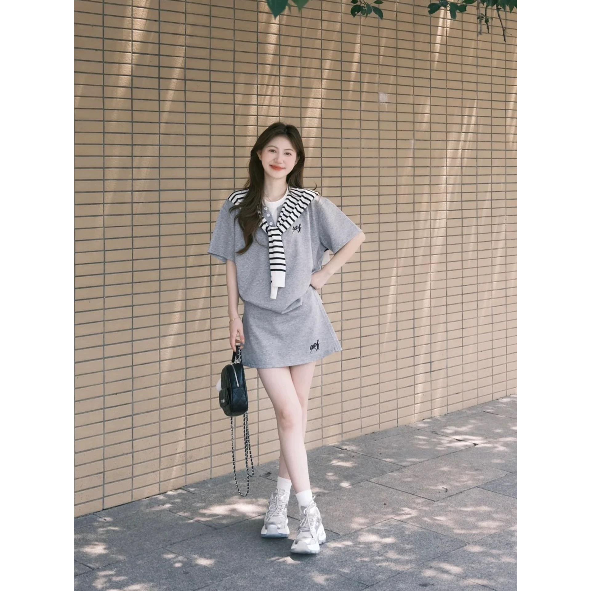 韩系慵懒休闲运动服套装女夏季学院风减龄假两件短袖短裙两件套潮
