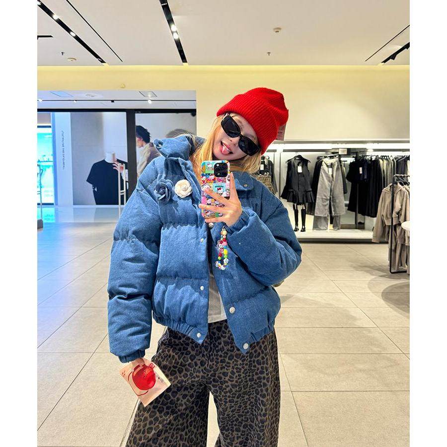 Jennie同款蓝色牛仔女冬季新款短款棉服宽松面包服立领棉衣外套