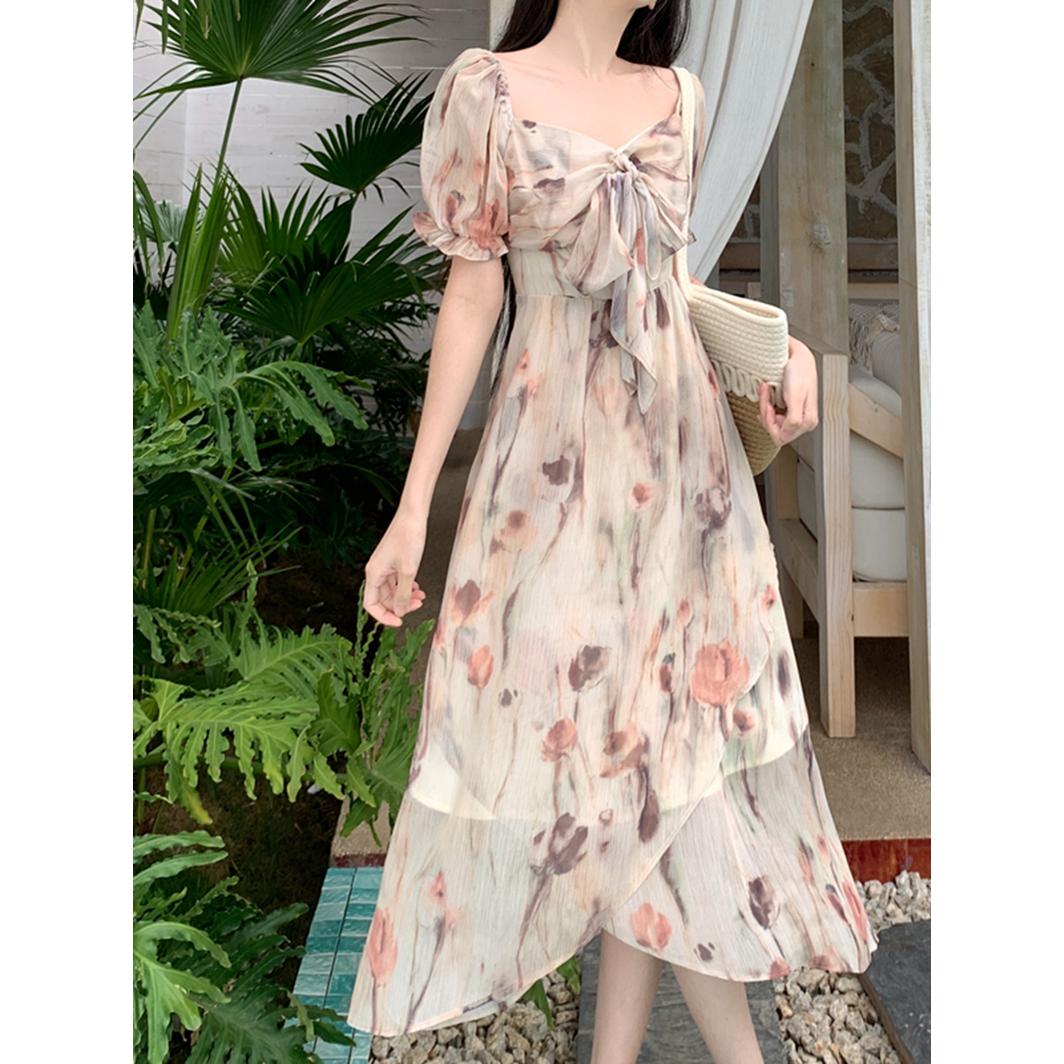 大码女装法式碎花连衣裙高级感夏季小个子粉色长裙抹胸裙