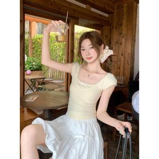 短款 纯欲蕾丝拼接假两件U领短袖 显瘦小飞袖 t恤女夏季 上衣 辣妹修身