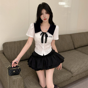 学院风jk制服套装 裙子两件套 辣妹短袖 领结衬衣高腰蛋糕裤