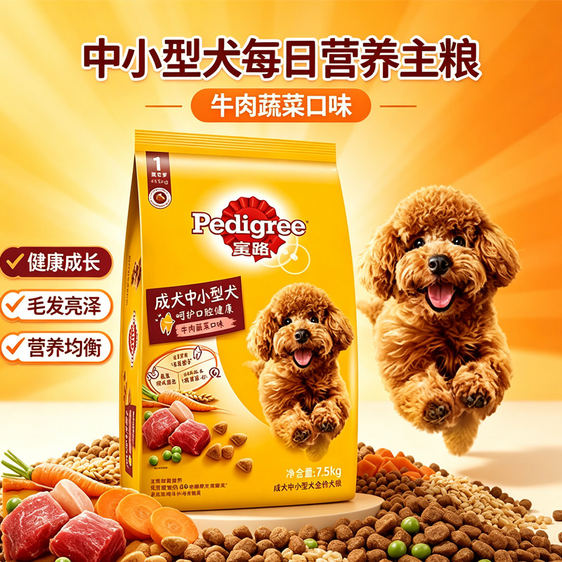 宝路狗粮成犬粮小中大型通用型犬粮鸡肉牛肉蔬菜口味7.5kg15斤装
