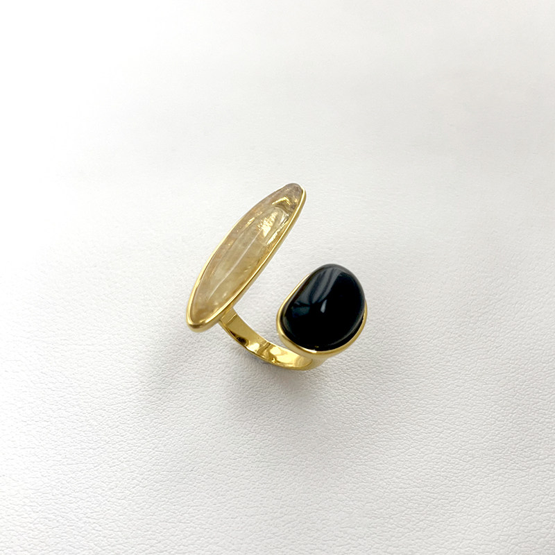 欧美小众镀金黑玛瑙茶晶石戒指开口可调复古轻奢高级感个性首饰