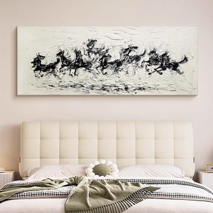 抽象黑白色八骏图肌理手绘油画客厅装饰画马到成功办公室挂画横版