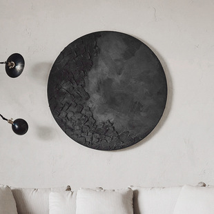 侘寂风肌理手绘油画极简玄关装饰画高级感客厅沙发背景墙圆形挂画